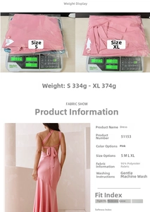 Pink backless halter dress details showing polyester fabric and sizing chart reference
