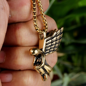 Vintage golden angel wing pendant necklace with stainless steel box chain for men