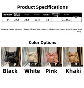 Detailed size chart and multi-color view of bow-knot PU leather shoulder bucket bag
