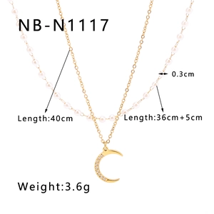 Detailed size specifications for the layered moon pendant and pearl necklace