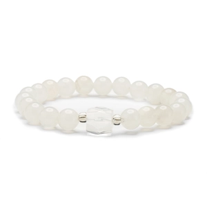 Close-up of translucent white beaded bracelet with clear faceted crystal pendant and metal spacers