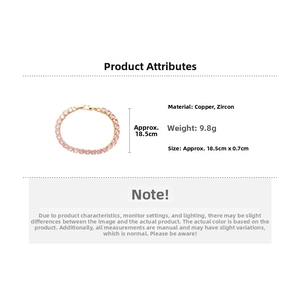 Pink cubic zirconia tennis bracelet dimensions 18.5cm x 0.7cm shown with copper material specs