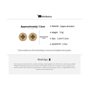 Detailed dimensions of gold plated round cross stud earrings with sparkling cubic zirconia