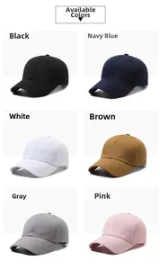 Grid display of cotton baseball caps in black, navy, white, brown, grey and pink