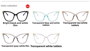 Cat-eye blue light blocking glasses in black, clear blue, tea, grey, and white