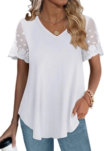 Detail shot of a white V-neck T-shirt with intricate lace patchwork sleeves and loose fit