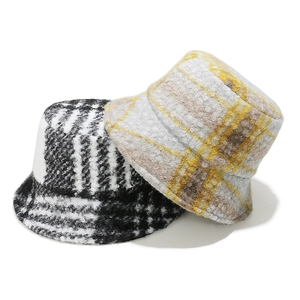 Retro plaid teddy fleece bucket hat for winter featuring a thick warm checkered knit pattern