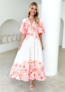 Close-up of elegant V-neckline and puff sleeves on floral printed summer dress