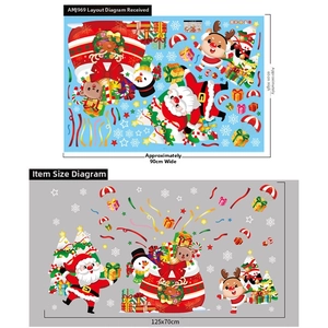 Detailed size specifications for Christmas window stickers with Santa and reindeer motifs
