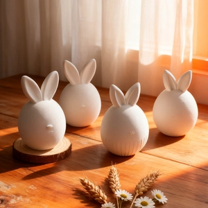 Minimalist egg-shaped rabbit figurines on wooden table with warm natural light