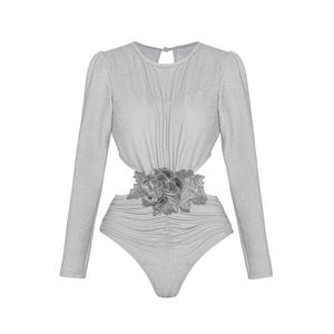 Sleek silver bodysuit for women with long sleeves, waist cutouts, and 3D flower detail