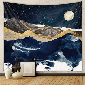 Detailed texture of abstract mountain tapestry with marble patterns and golden stars