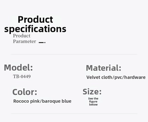 Detailed material specifications for velvet and PVC cosmetic bag in multiple colors
