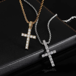 Hip hop micro-paved zircon small cross pendants in gold and silver plating on rope chains