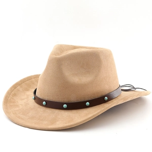 Classic camel faux suede cowboy hat with turquoise studs on a brown leather band