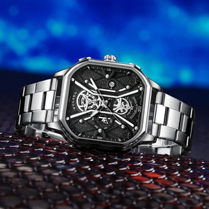 Macro shot of YOLAKO square men's watch with silver metal band and black dial details