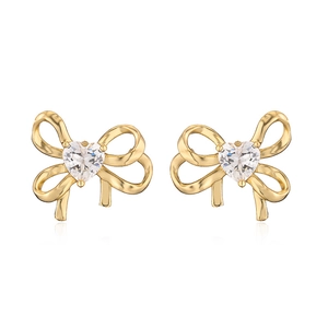 Exquisite 18K gold plated bow earrings featuring a heart-shaped zircon and elegant shine