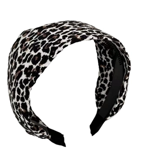 Classic black and white leopard print wide headband with vintage velvet texture finish