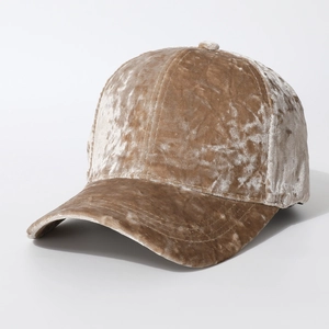 Champagne crushed velvet baseball cap with textured finish and classic six-panel design