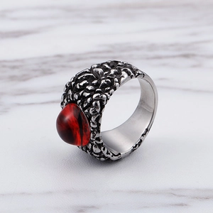 Retro hip-hop silver titanium steel men's ring with a domed red ruby gemstone inlay