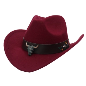 Western wine red felt cowboy hat with bronze bull head buckle and floral embroidery