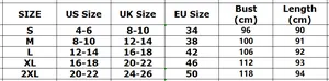 Size chart for V-neck button summer dress showing US, UK, EU measurements in cm