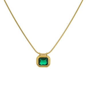 Golden snake chain necklace featuring a square green zircon pendant on white background