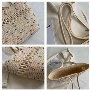 Detailed views of cream woven tote bag featuring colorful polka dots and cotton rope texture