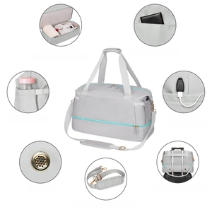 Detail view of fitness duffel bag showing shoe compartment, USB port and vent holes