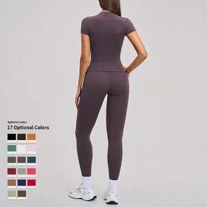 Women's quick-dry short-sleeved yoga set in dark purple featuring 17 color options