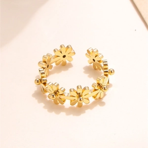 Macro detail of a golden daisy-shaped open ring featuring minimalist floral design craftsmanship