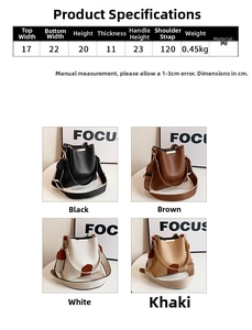 Detailed size chart for retro PU leather bucket bag with dimensions and multi-color options
