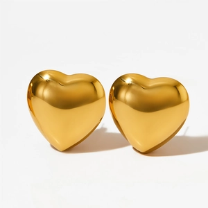 Polished gold stainless steel heart stud earrings with a 3D minimalist mirror finish
