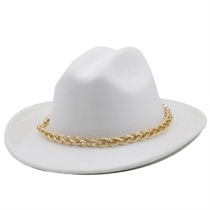 Detailed close-up of a white felt fedora hat featuring a stylish gold chain band accessory