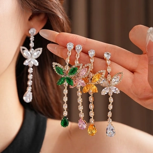 Elegant silver needle butterfly tassel earrings with colorful cubic zirconia stones