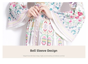 Detailed view of floral ethnic dress with flared sleeves and buttoned front placket