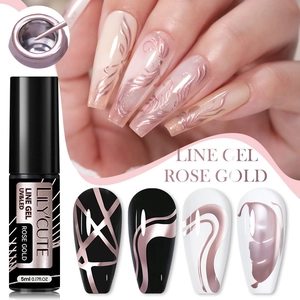 Macro shot of rose gold line gel nail polish showing metallic texture on nails
