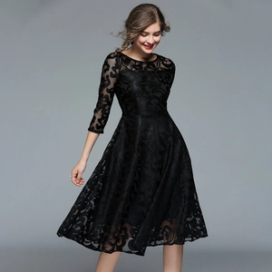 Slim fit black lace midi dress with 3/4 sleeves and elegant floral pattern for evening wear
