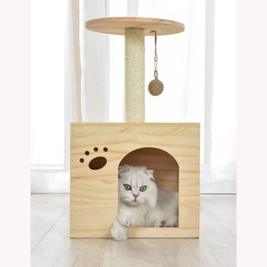 Solid wood cat tree with sisal scratching post, cat house and hanging ball toy