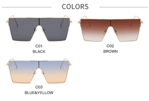 Three oversized square rimless sunglasses in black, brown, and blue-yellow gradient shades