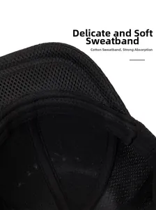 Detail of breathable mesh fabric and soft cotton sweatband on a black baseball cap