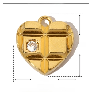 Detailed view of a gold heart pendant with dimensions 15mm by 14mm and clear rhinestone