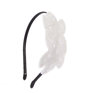 Bohemian style beaded headband with white leaf sequins and elegant black base for parties