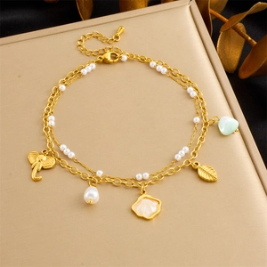 Double Layered Anklet Stainless Steel Gold Tone With Elephant Shell Leaf Charms And Faux Artificial Pearls Bohemian Beach Jewelry