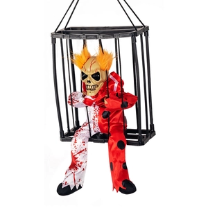 Halloween hanging skeleton clown in cage with red and white blood-stained jumpsuit