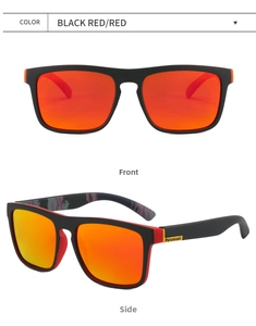 Detail view of black and red polarized sunglasses with orange mirrored lenses