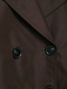 Detailaufnahme der dunkelbraunen Twill-Stoffstruktur und schwarzen Rundknöpfe am Mantel