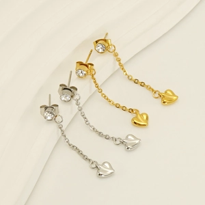 Elegant stainless steel heart tassel earrings with rhinestone studs in gold and silver