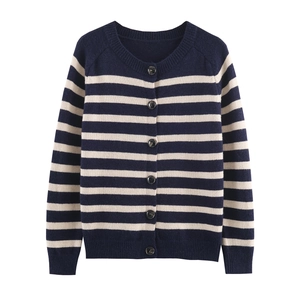 Women Striped Knit Cardigan Round Neck Long Sleeve Button Down Casual Soft Lightweight Sweater Tops