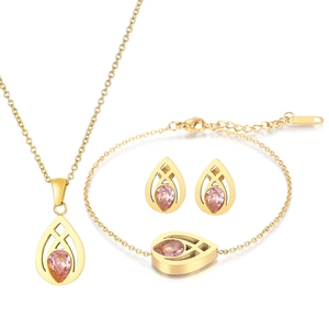 Pink teardrop crystal jewelry set with necklace, bracelet and stud earrings in gold finish